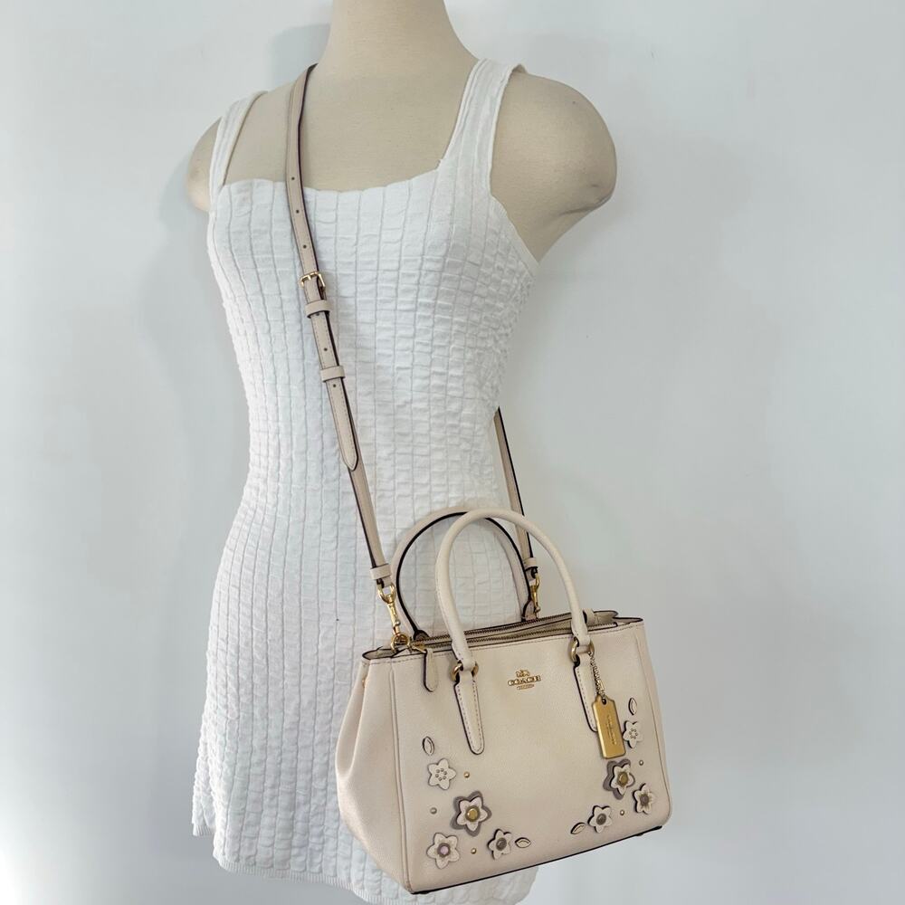 Coach Mini Surrey Carryall Crossgrain Leather Floral Applique Crossbody Chalk - Picture 2 of 16